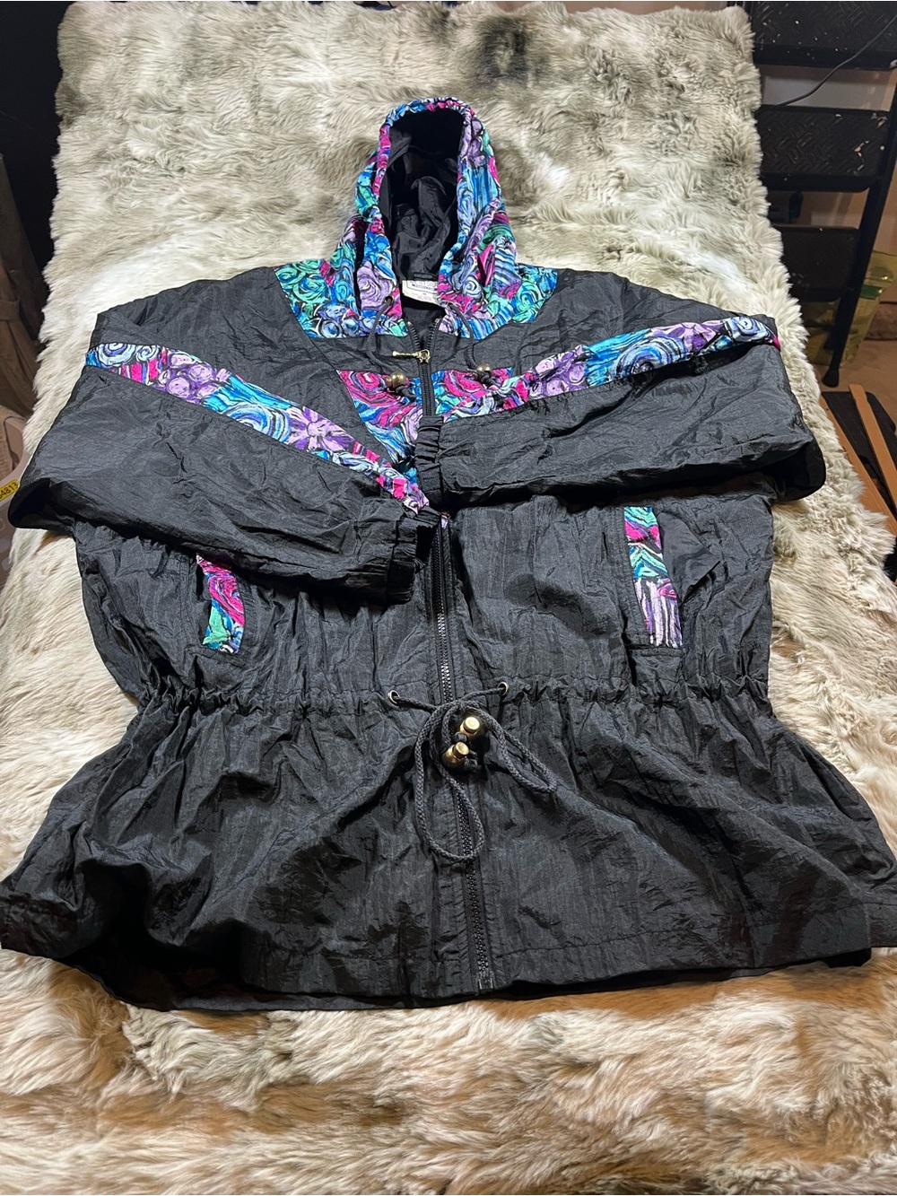 Vintage Women's Black Windbreaker with Purple & Teal Patterned Accents